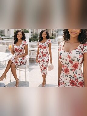 Coco Shay Floral Bodycon Midi Dress Size Small | Rose Print Fitted Stretch